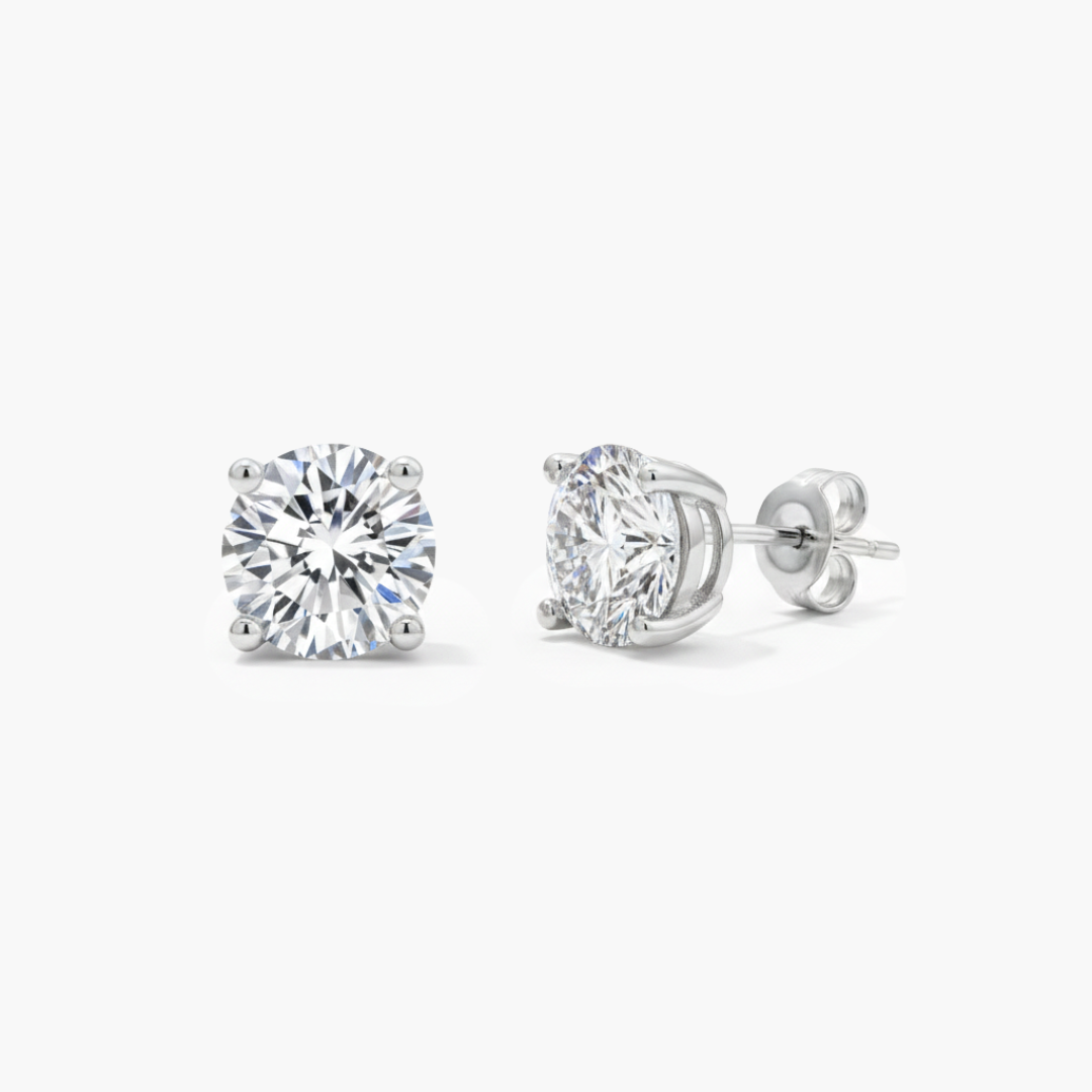 Round Stud Earrings (Silver) | (Moissanite)